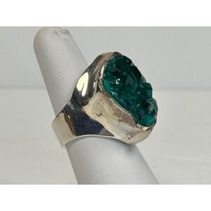 Sterling Silver Dioptase Druzy Emerald Green Crystal Bold Modernist Ring 7.5 VTG